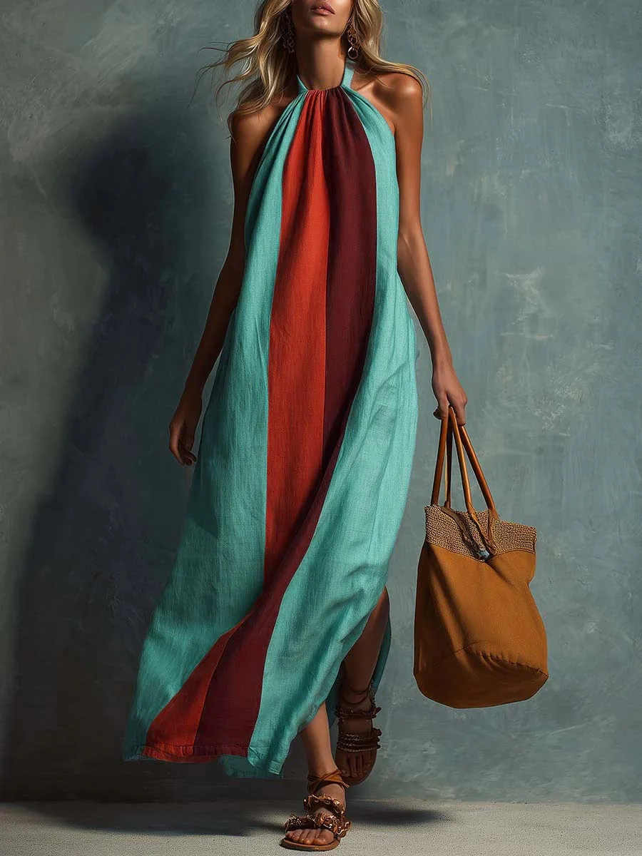 Women Color Blocking Elegant Party Dresses Halter Split Hem Long Dress Summer Sleeveless Casual Vacation Maxi Dress