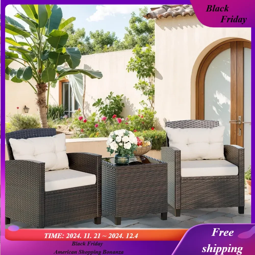 

3 Piece Patio Furniture Set Small Outdoor Wicker Rattan Front Porch Bistro Set Cushioned Chairs Conversation Poolside (Beige)