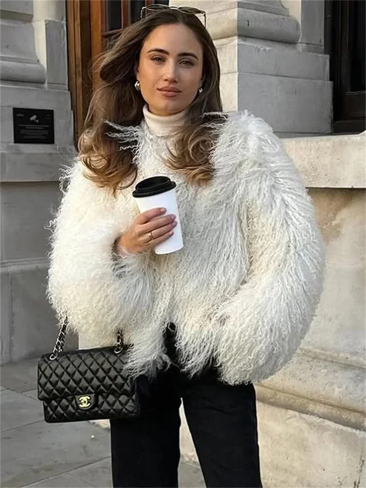 معطف نسائي من فرو الثعلب الصناعي المنفوش معطف شتوي فضفاض فاخر بأكمام طويلة وخصر عالي معطف نسائي خارجي 2025
