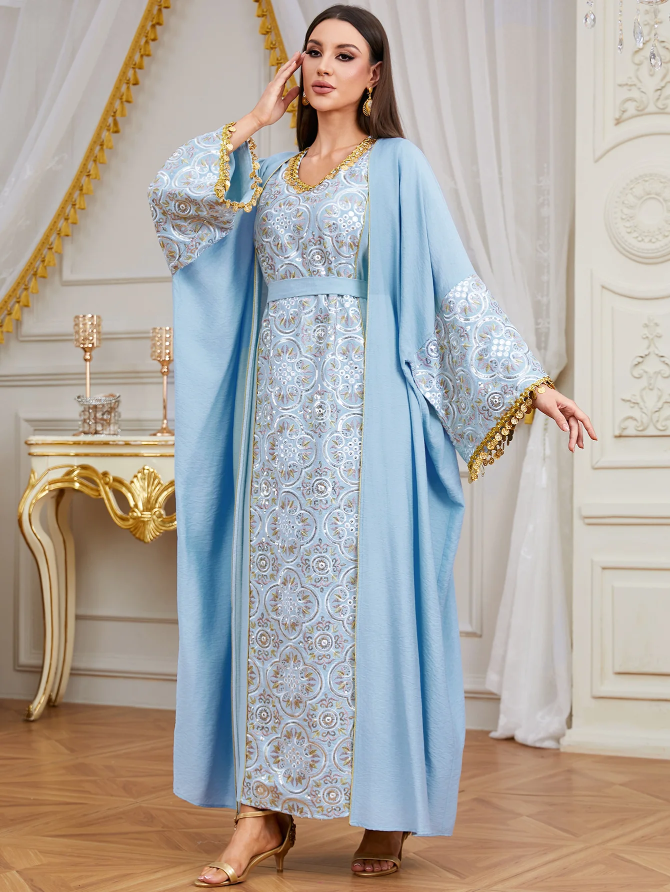 

Eid Muslim Sets for Women Dress Ramadan Abaya 2 Piece Set Robe Morocco Kaftan Vestidos Largos Dubai Jalabiya Kimono Kebaya