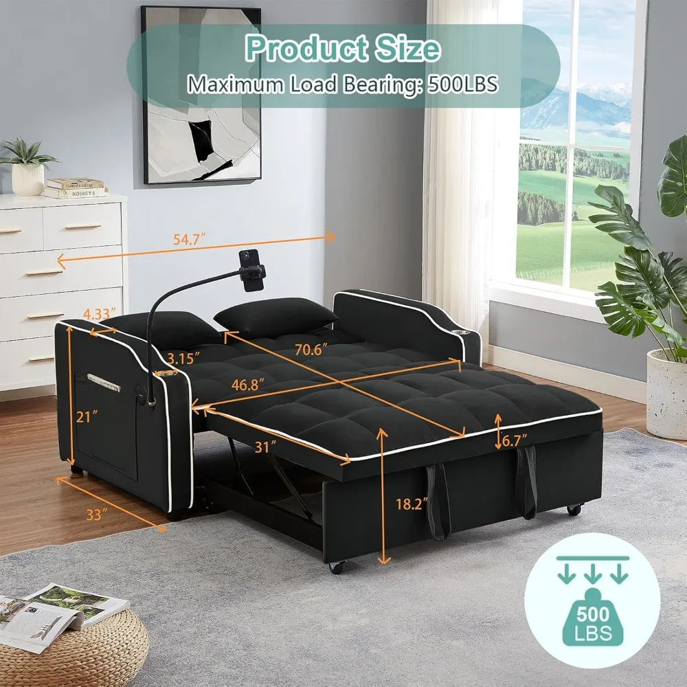 Modern Velvet Sleeper Sofa with Pull Out Bed and Adjustable Backrest, Loveseat with Cup Holders for Comfortable Living