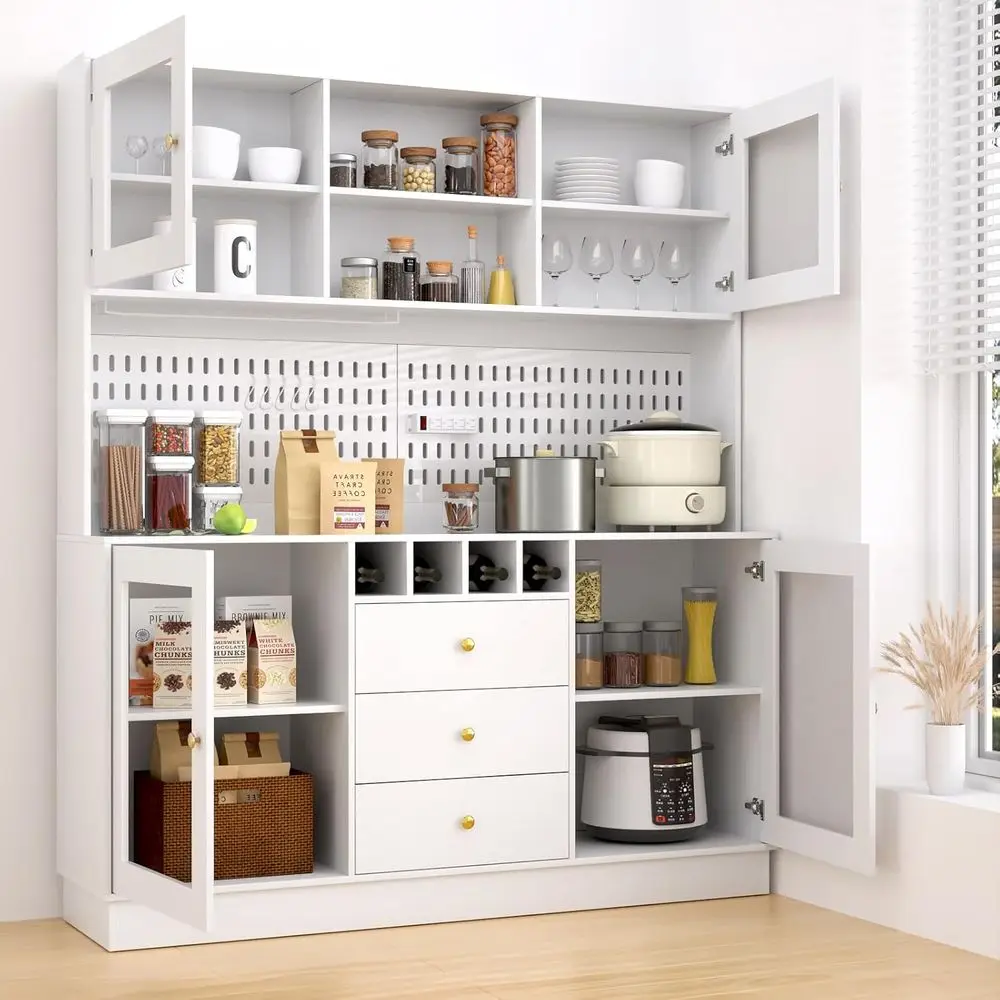 

White 75 Tall Kitchen Hutch Cabinet, 63 Wide Pantry, Buffet Hutch with Pegboard, Cup Holder, Power Outlet, 4 Doors & 3 Drawers,