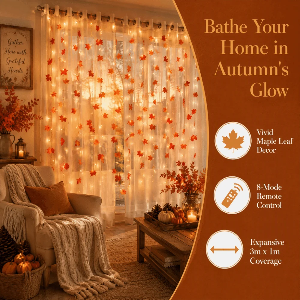 LED String Lights Remote Control Warm White Fairy Curtain Lights Lightweight Durable Material Lifelike Maple Leaves