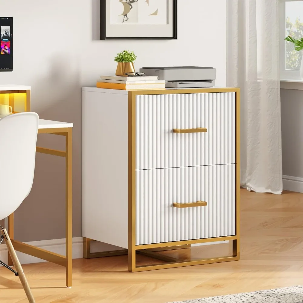 

2 Drawer File Cabinet, Lateral Filing Cabinet for Home Office, White and Gold