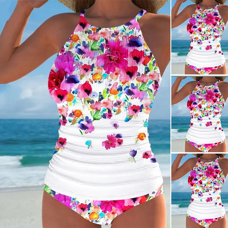 2025 Floral Printed Bikini Set Tummy Control High Waist Bottom & Triangle Vest Top Women's Sexy Swimwear for Beach & Pool Shirts