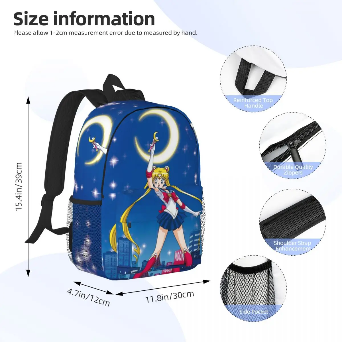 Sailor-Moon Print mochila leve, saco escolar padrão novo na moda, 15"