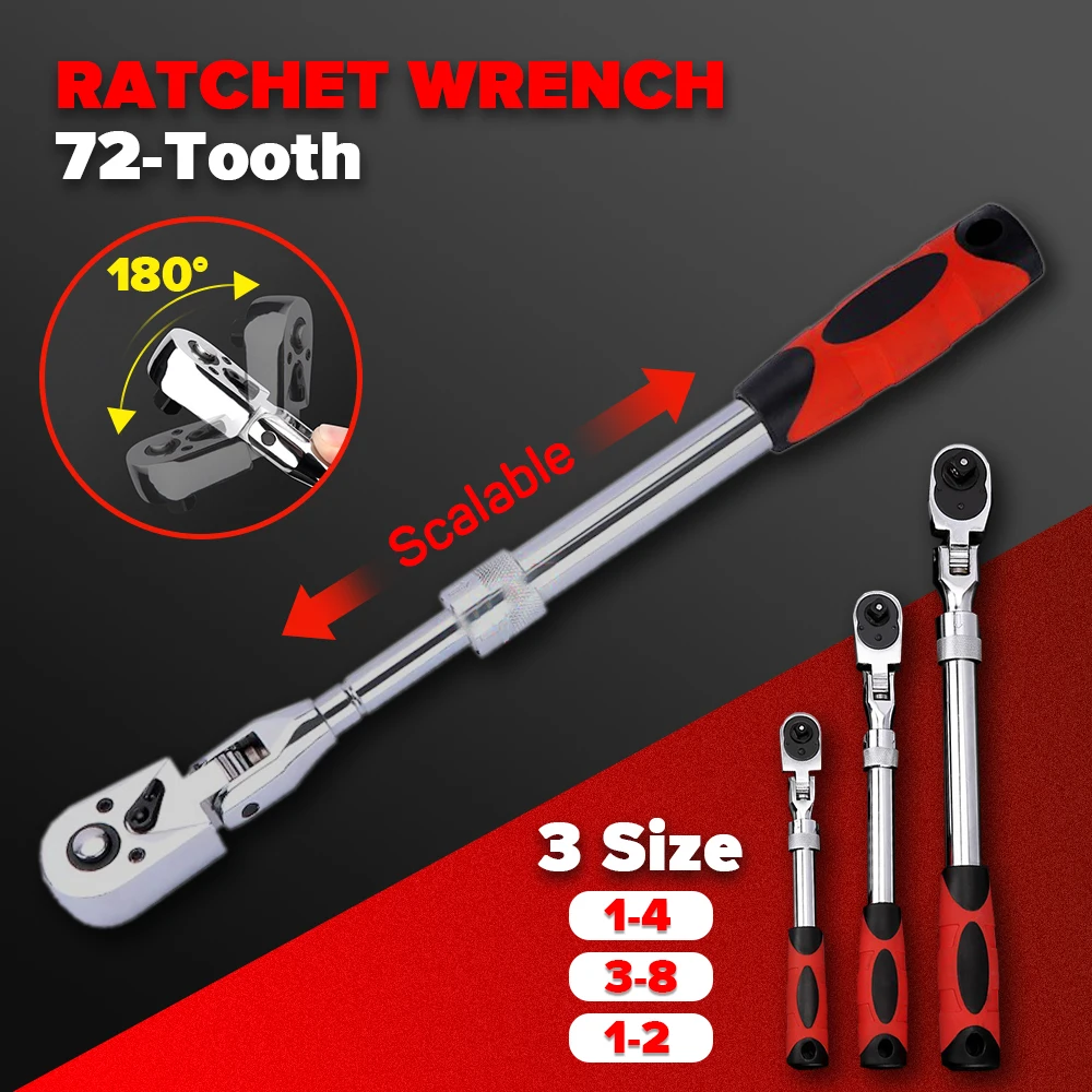 F50 1/4 1/2 3/8 Carbon Steel Ratchet Wrench Rotating Head Scalable Ratchet Wrench 72-Tooth Automatic Quick Release Spanner Tool