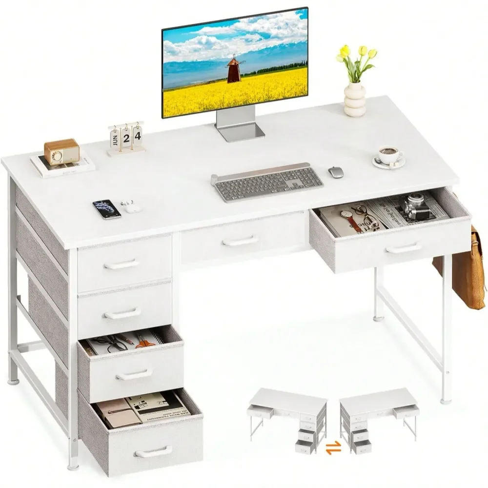 

Desk With 6 Drawers, 40 Inch Small Desk With Storage, Reversible Desk With Headphone Hook For Home Office, Work Study Table For