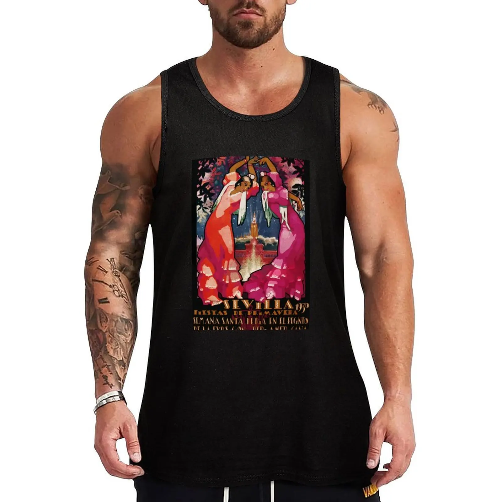 

Spain 1930 Seville April Fair Travel Poster Tank Top Men's gym mens designer clothes mens gym clothes t-shirts man