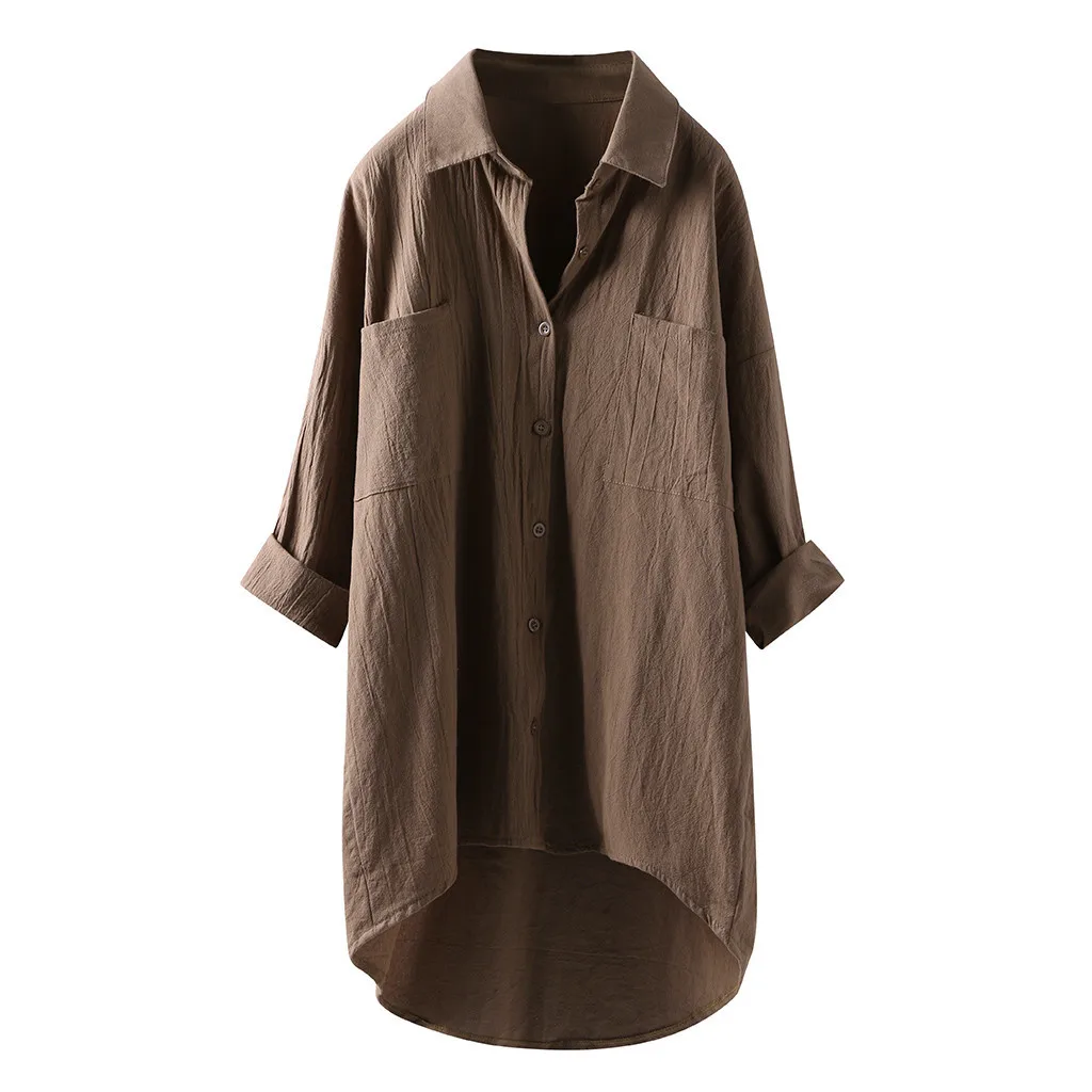 

Casual Pure Color Linen Shirt For Women Long Sleeve With Double Pockets Spring And Autumn New Arrival XQ241