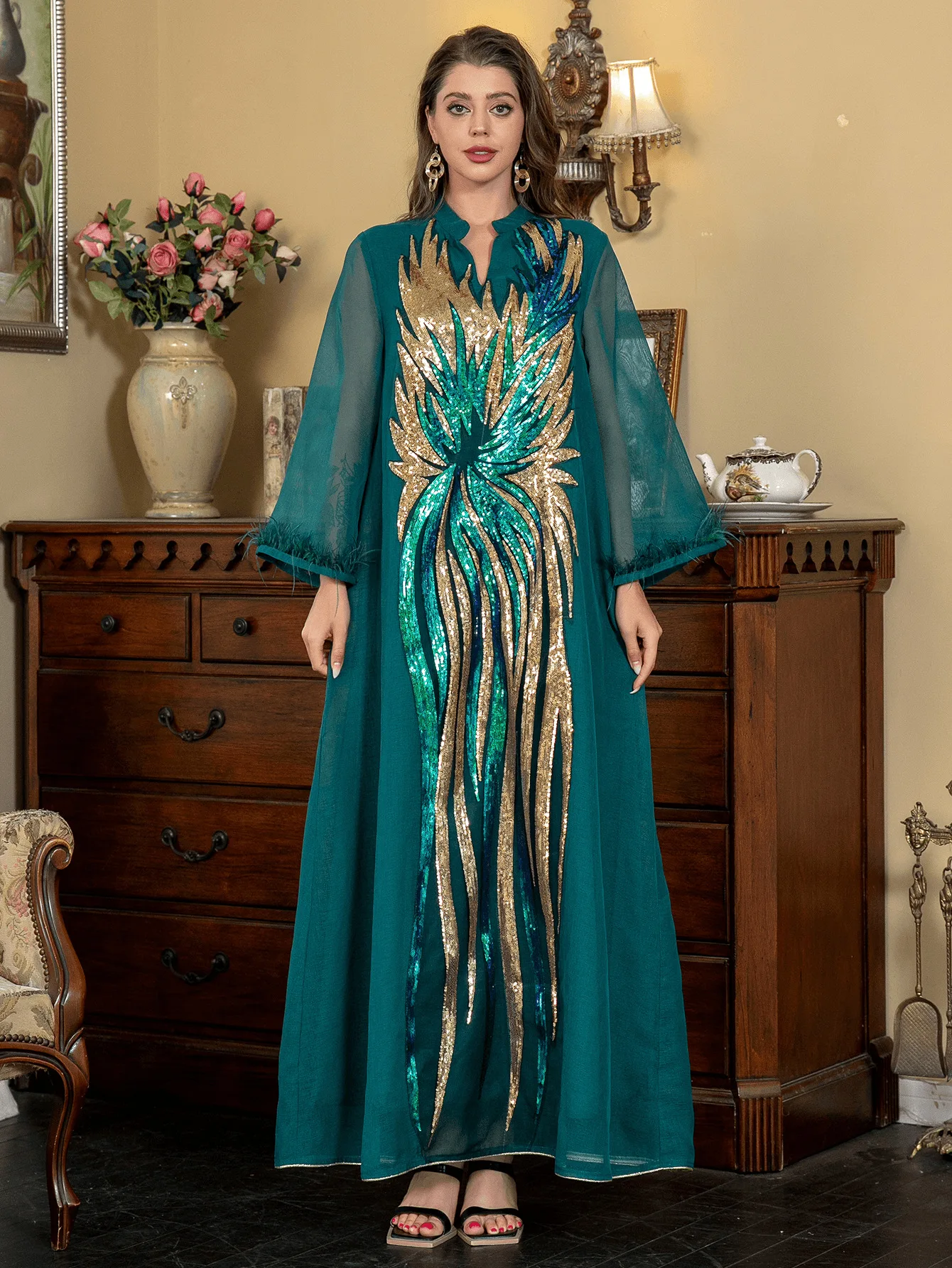 Muslim Women's Robe V-neck Long-sleeved Dark Green Robe Fashionable Camel Hair Shiny Comfortable And Casual Elegant Dress