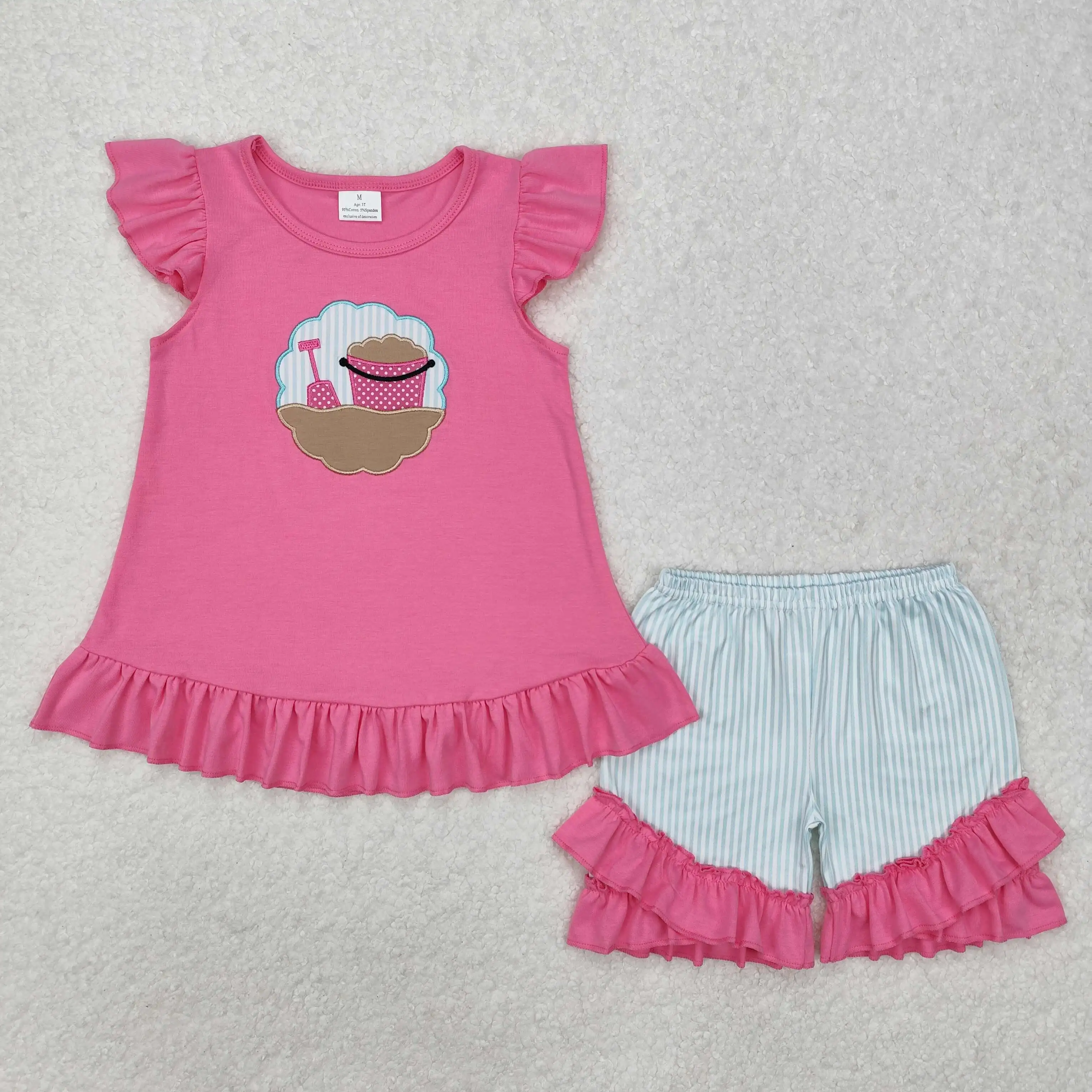 New rts infant girls summer suit wholesale boutique embroidered beach bucket shovel pink flying sleeve striped shorts set GSSO17