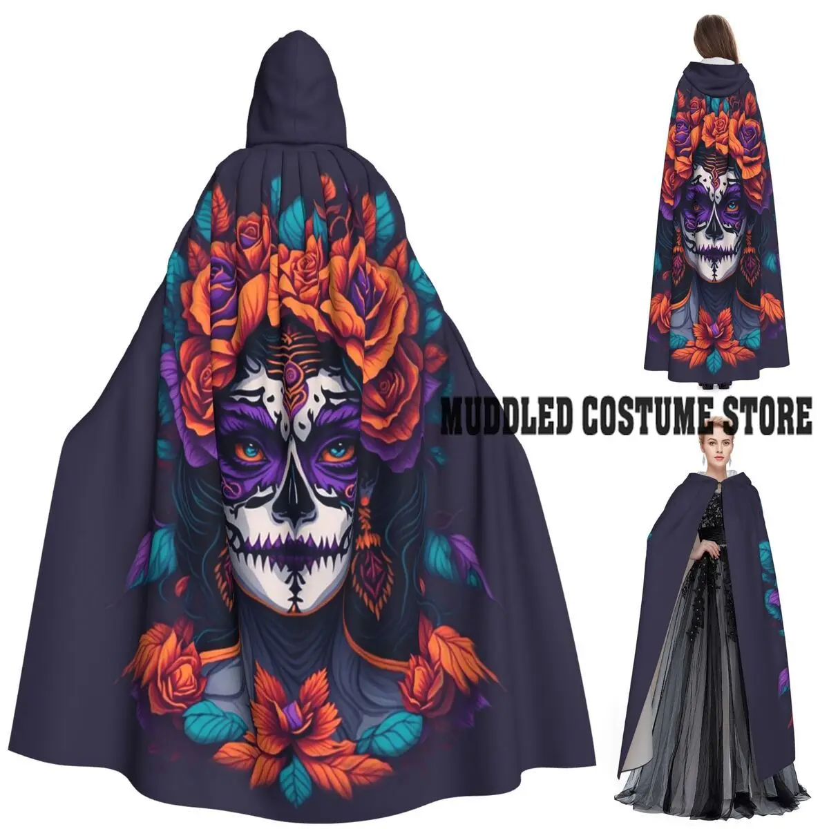 

Мексиканский день мертвых сахарный череп длинный плащ с капюшоном ведьма средневековый костюм косплей накидка Хэллоуин пальто унисекс