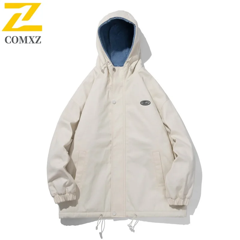 COMXZ 2025 Autumn Winter Sherpa Stand Collar Cotton Jacket Waterproof Windproof Solid Color Warm Unisex Loose Fit Fashion Coat
