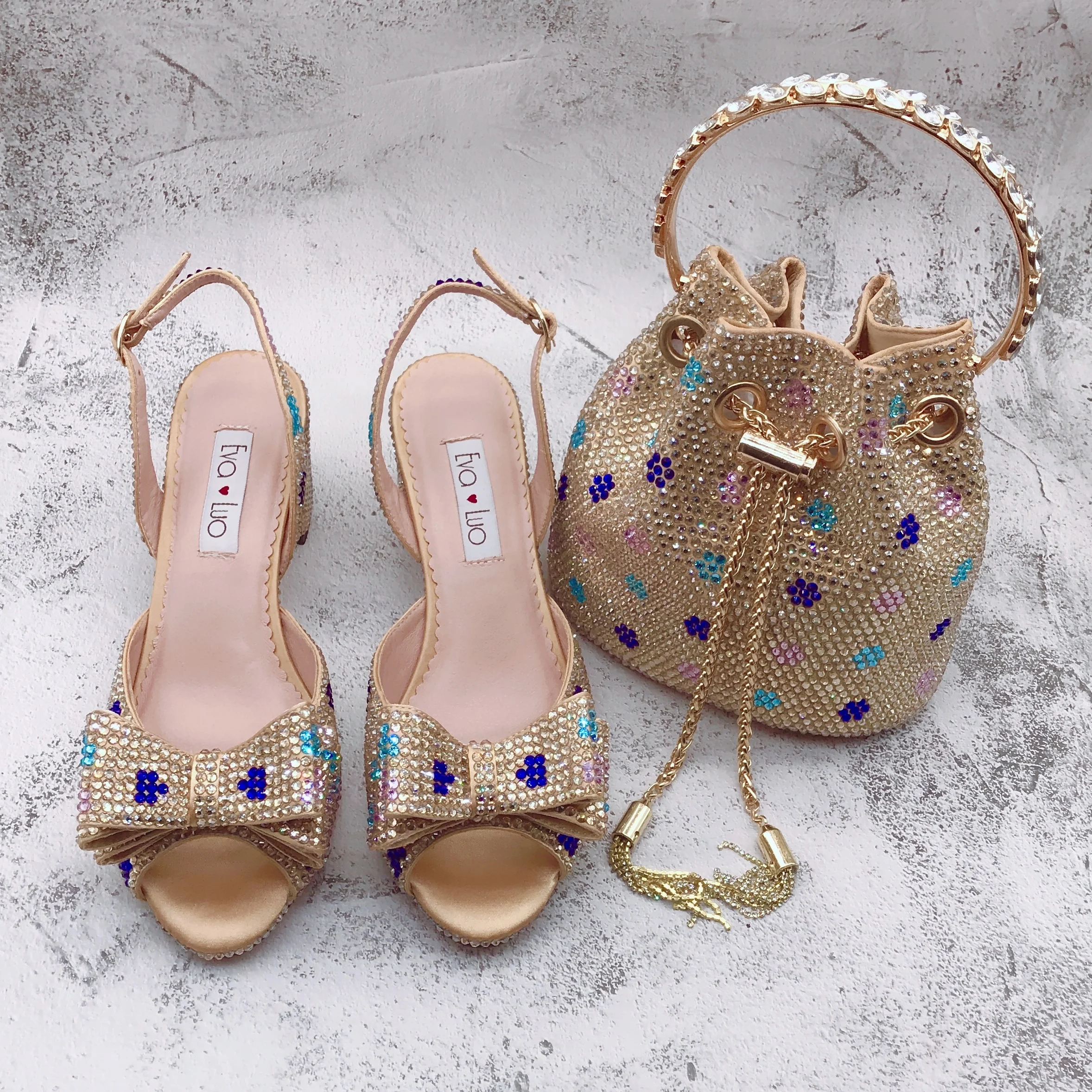 BS1717  Custom Handmade  women  Wedding Shoes Champagne Gold  Multicolor Stones African  Italian Shoes With Matching Bag Set