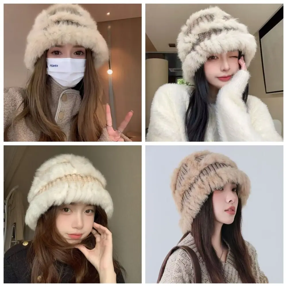 Soft Texture Polyester Fiber Bucket Hat Thick Knit Lined Winter Hat Warm Soft Wide Brim Knit Beanie Women