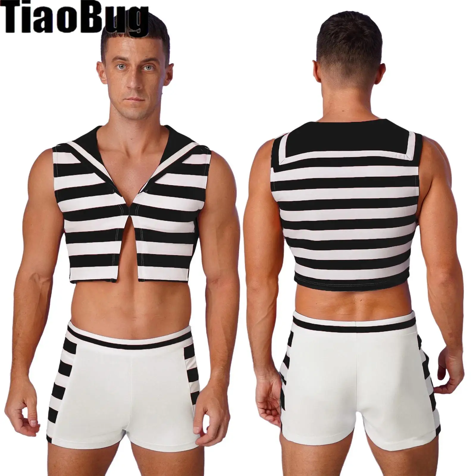 

Men Halloween Navy Sailor Cosplay Costume Navy Sailor Uniform Sleeveless Crop Tank Tops with Boxer Shorts Masquerades Outfits