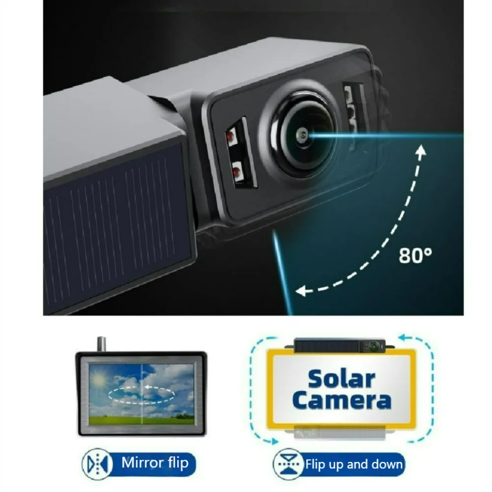 Wireless Solar Backup Camera 5 Inch LCD Monitor HD Night Vision Waterproof Car Rear View System for RV Truck Trailer Pickup