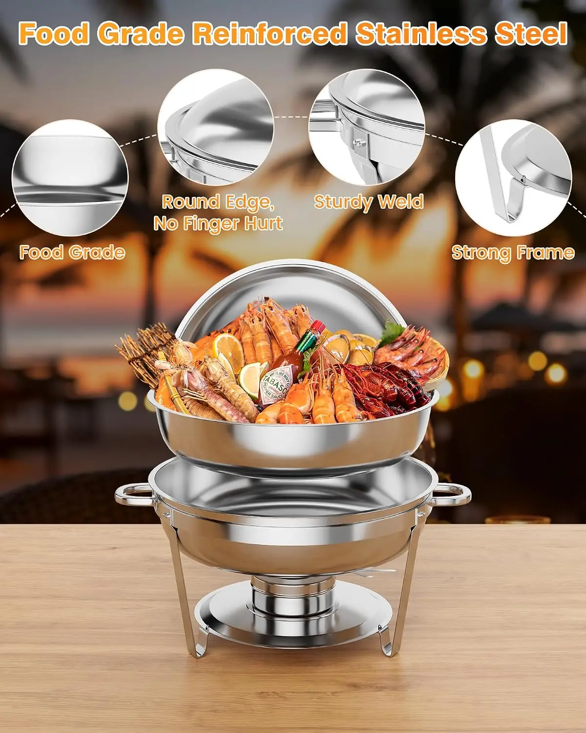 TWISTER.CK 2 Pack 5 Qt Chafing Dish Buffet Set, Round Stainless Steel Chafer Food Warmers & Buffet Servers with Food & Water Pan, Lid, Frame & Fuel Holder for Catering, Parties, Events