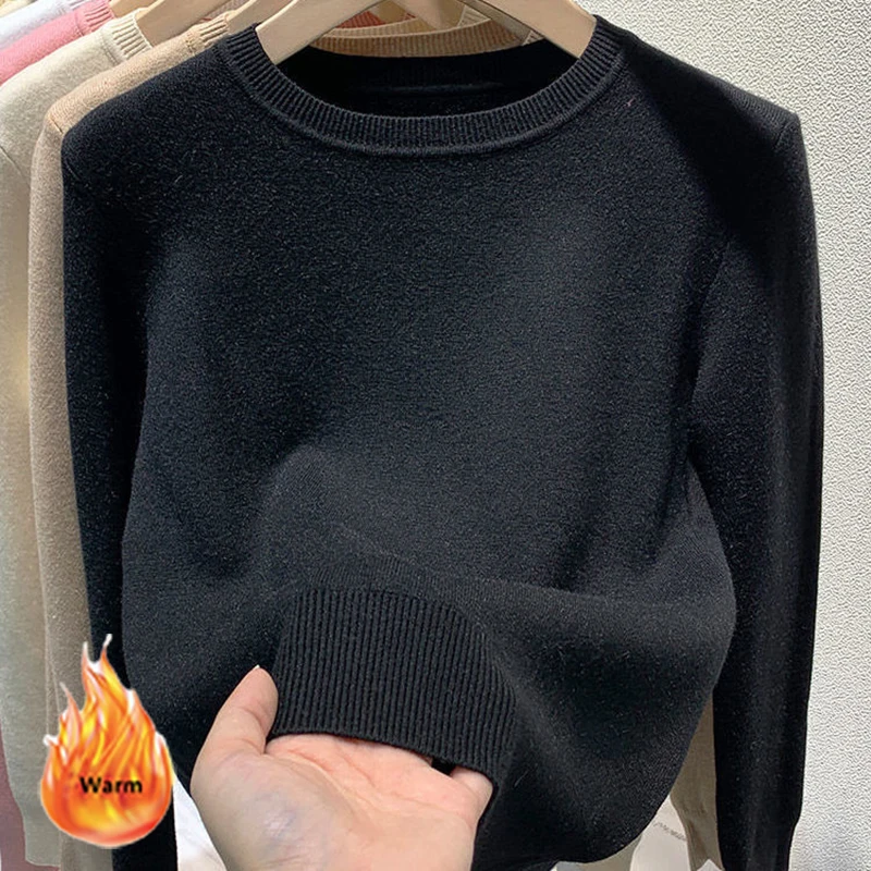 Women Winter Long Sleeve Sweater Plus Velvet Round Neck Knitwear Pullover All-Match Solid Soft Knitted Top Warm Casual Sueter