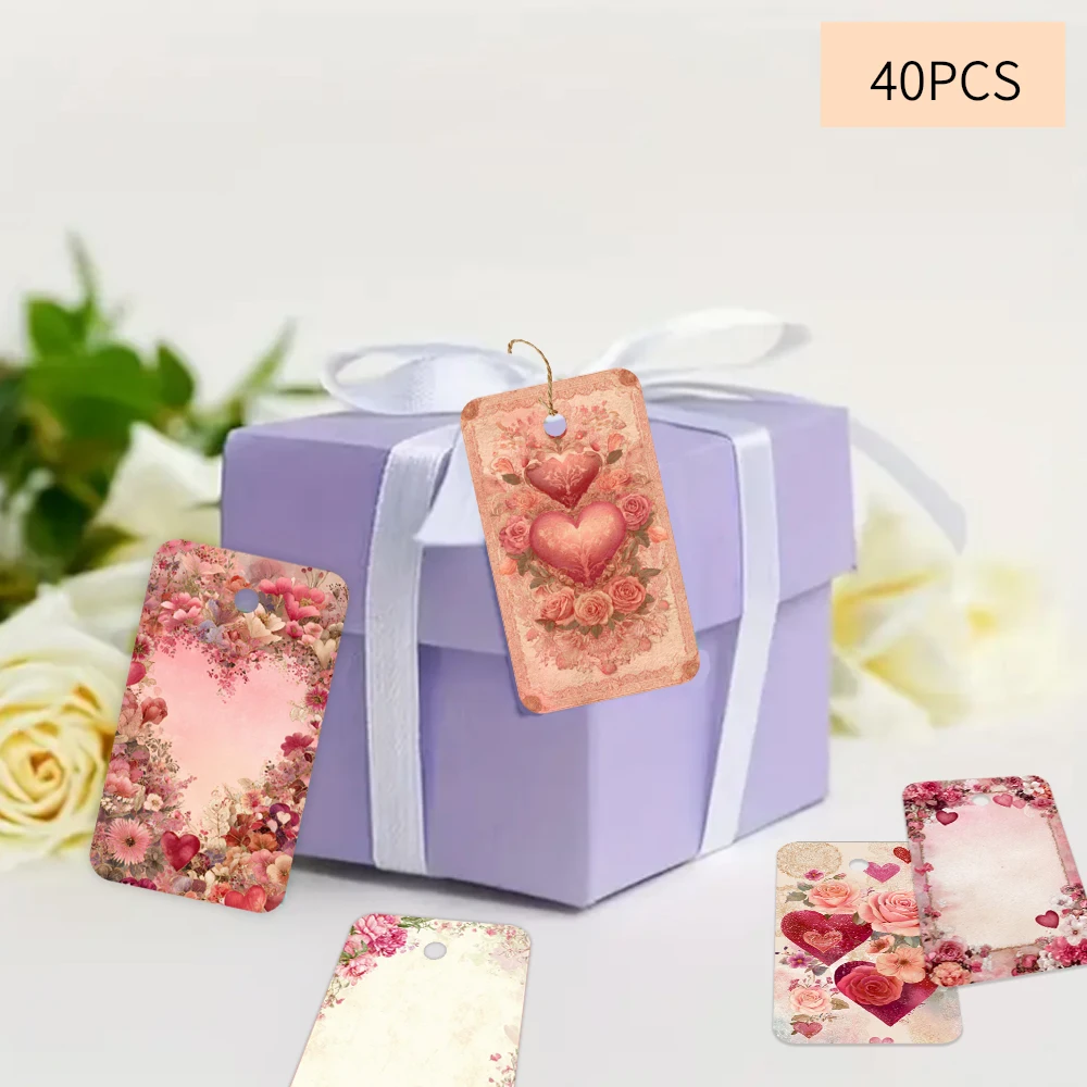 40pcs Valentine's Day Theme Decorative Tags,Floral Labels, Gift Wrapping Accents, Party Decoration, Handmade Card Embellishments