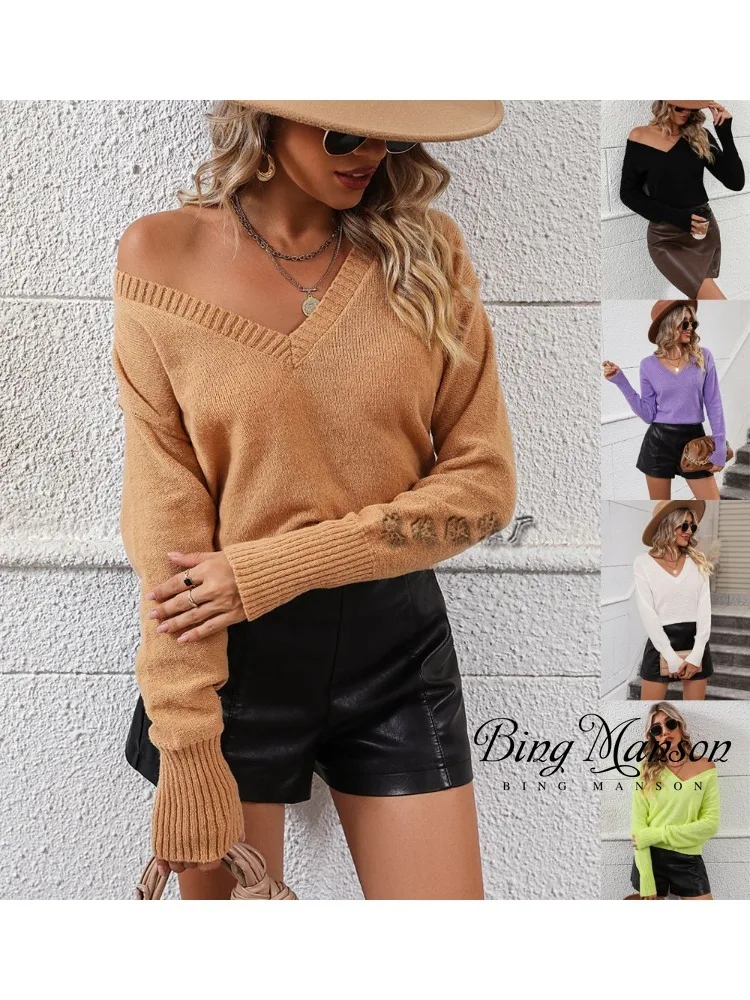 

Autumn and Winter Women's New Knitwear Style Casual Fashion Long Sleeve V-Neck Solid Color Versatile Pullover Sweater for Women