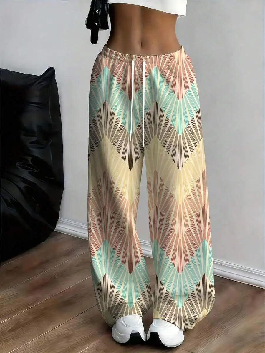 

Geometric Print Wide Leg Pants Women Loose Drawstring Waist Casual Trousers