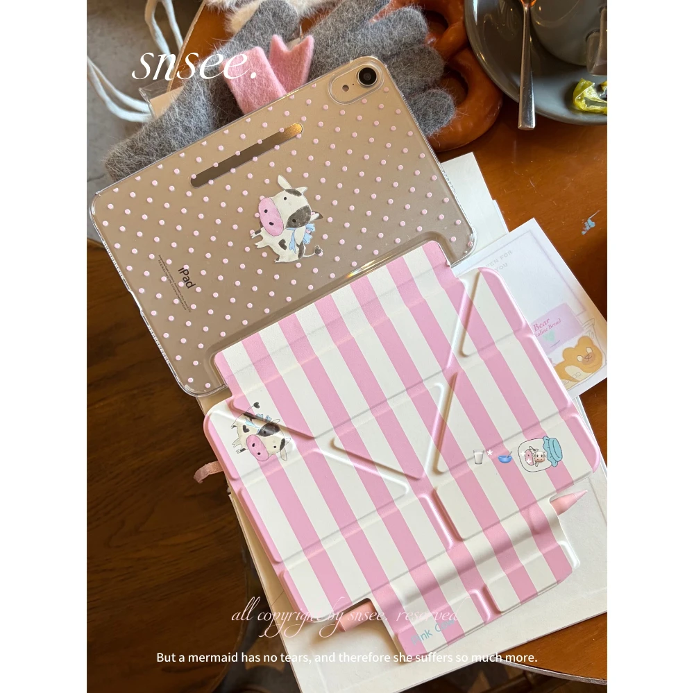

Cute Striped Polka Dot Cow Y2K Korean Cover For iPad Pro 13 11th M5 M4 12.9 A16 10 8 7 9th 10th Air 11 M2 M3 Mini Tablet Case