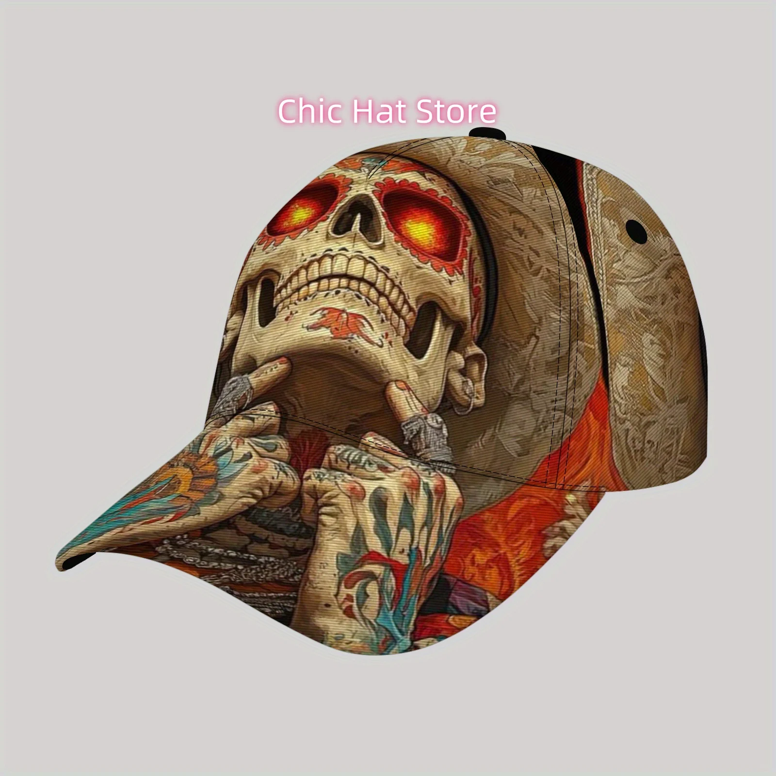 Fashionable and Lightweight Sun Hat, Cool Hip-hop  Cap, Suitable for Beach, Skeleton tattoo pattern of the undead candy