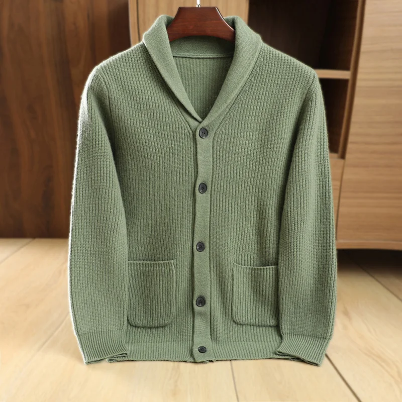 

Spring and autumn high-end green fruit collar pure wool cardigan men British retro business knitting popular sweater coat men