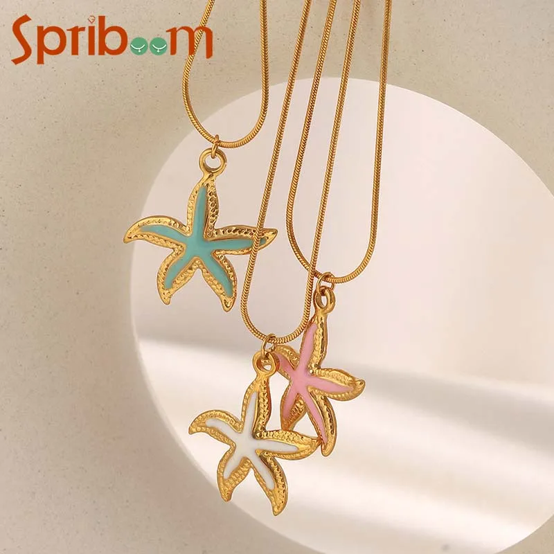 Enamel Starfish Pendant Necklace for Women 18K Gold Plated Stainless Steel Necklaces Trendy Summer Beach Accessories Female