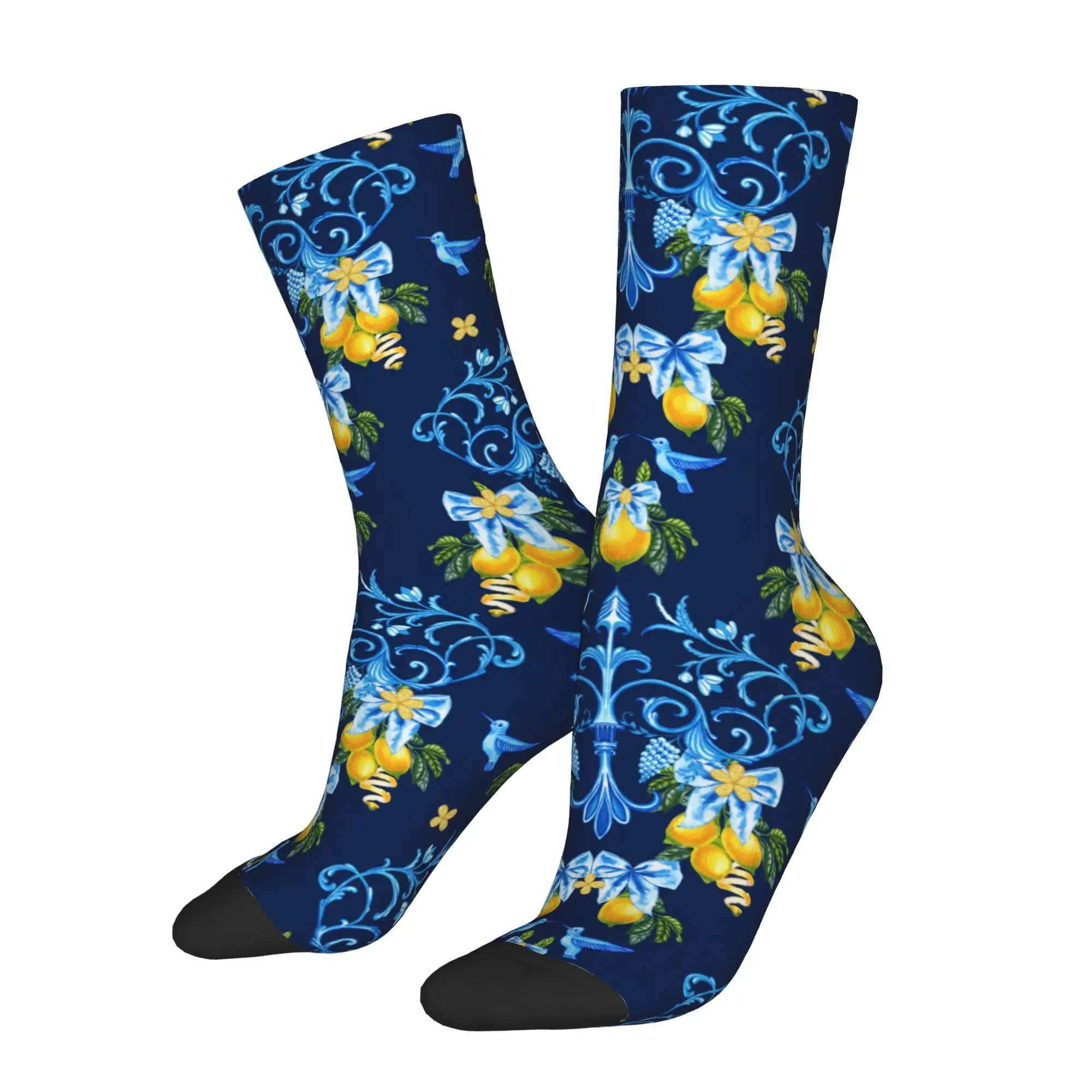 1pc Branches of Lemons Watercolor Pattern  Printed Men's Socks Novelty Hip Hop Harajuku Pattern Crew Sock Casual Gift