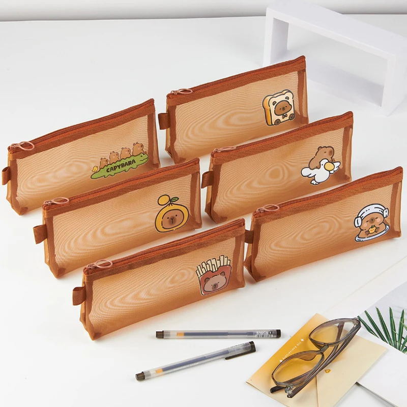 Capybara Mesh Pencil Bag Large Capacity Storage Bag Cartoon Design Simple Transparent Stationery Storage Bag