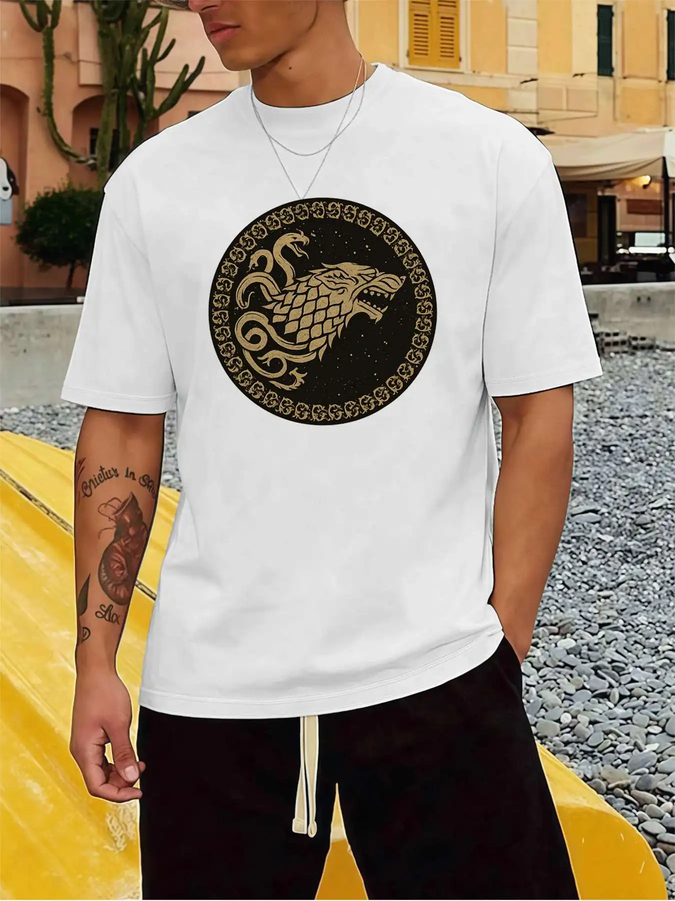 

Wolf Graphic Tee Gold Print Men's 220gsm New Summer Casual Crew Neck Pure Cotton Short-Sleeved T-Shirt