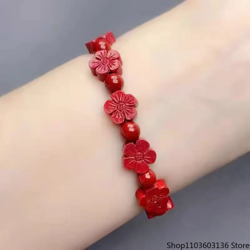 Pure Natural Cinnabar Bracelet Handcarved Buddhist jewelry Bracelet Heart-shaped flower Bracelet for Men Luxury Cinnabar Beads