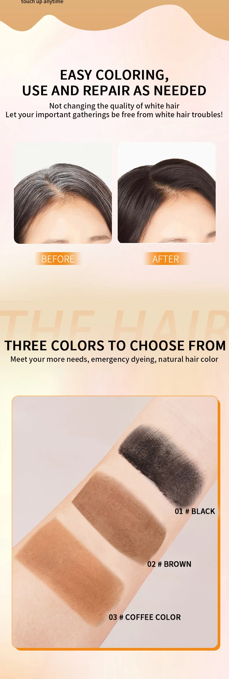 Ocheal 3-Color Quick Touch-Up Haar Stick Bart Farbe Stick Tragbare Temporäre Schnell Abdeckung Haar Stift Instant Dye Stick Kamm – Detail 4