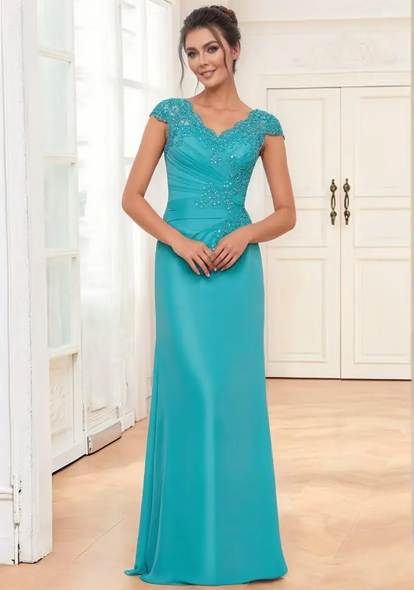 

Mother of The Bride Dress Chiffon Lace Applique Mermaid Formal Wedding Guest Dress with Cap Sleeve