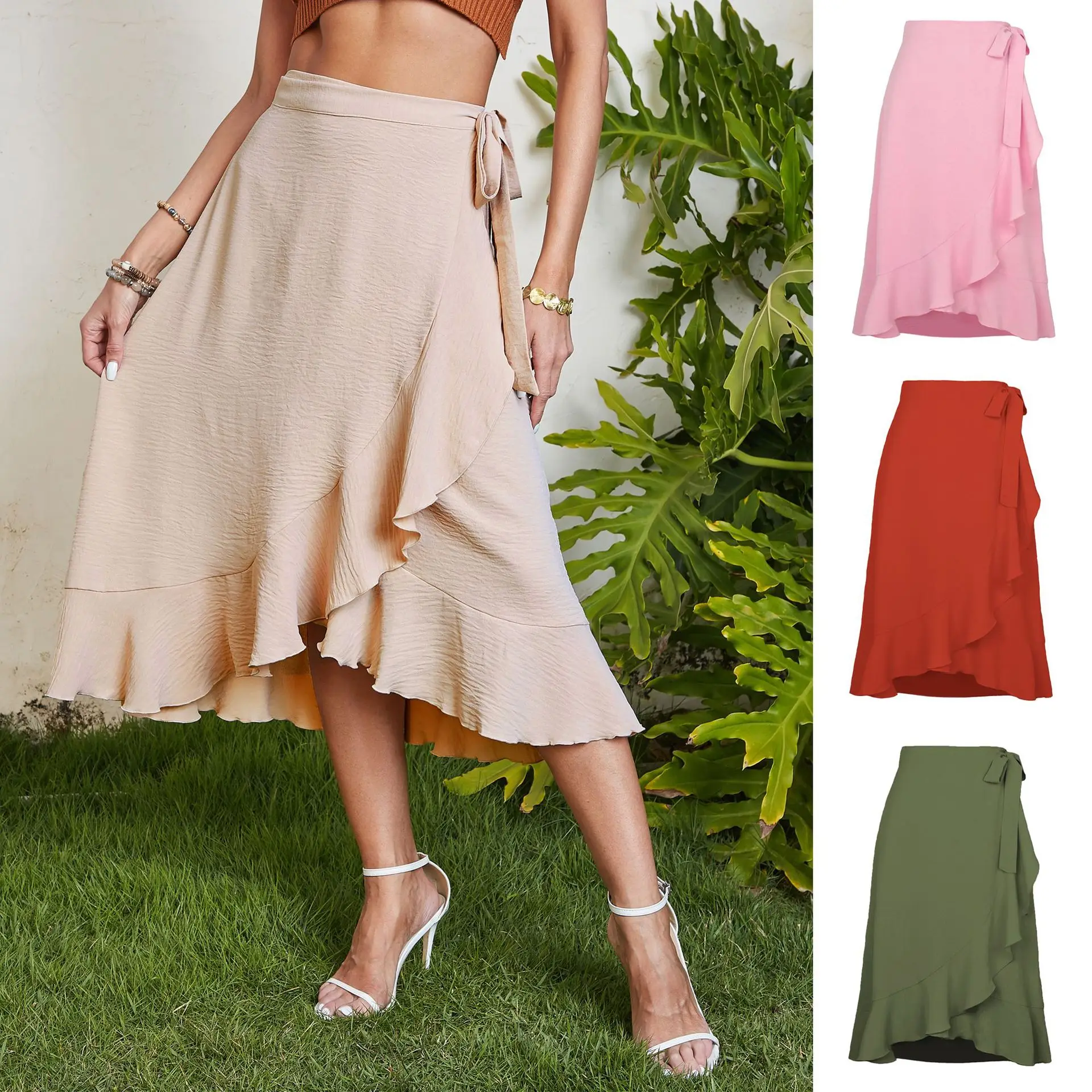 

Free Shipping 2023 New Fashion Long Mid-calf Midi Ruffles Women Casual S-XL High Waist S-XLBS-XL Bandage Blue Pink Skirts