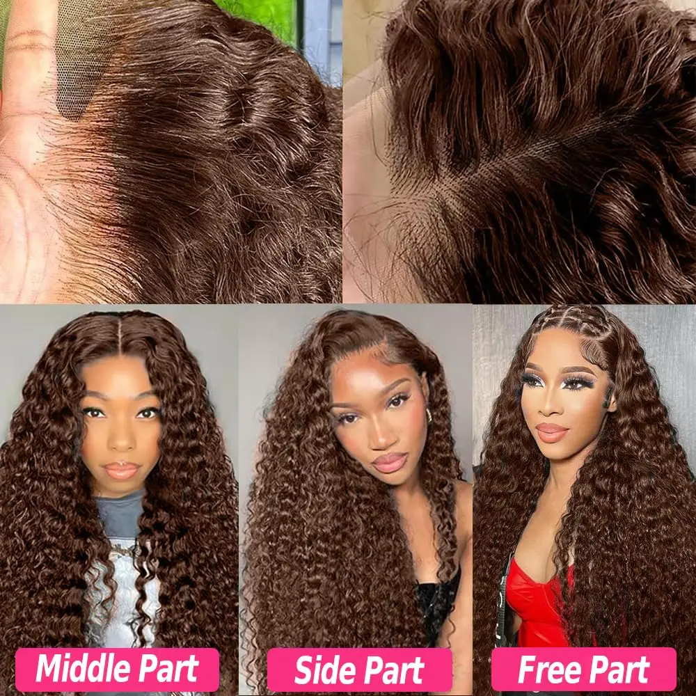 40 Inch 250 Density 13x4 Chocolate Brown Deep Wave Lace Front Wig HD Transparent 13x6 Lace Frontal Wig Curly Wig Human Hair Wigs