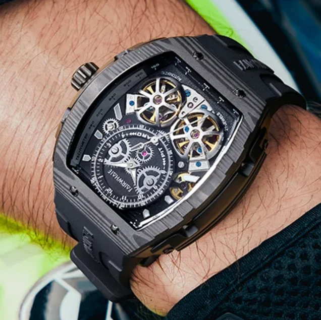 Mark Fairwhale Men Automatic Watch Tonneau Mechanical Wristwatch Luminous Carbon Fiber Bezel Skeleton Dual Flywheel Dial