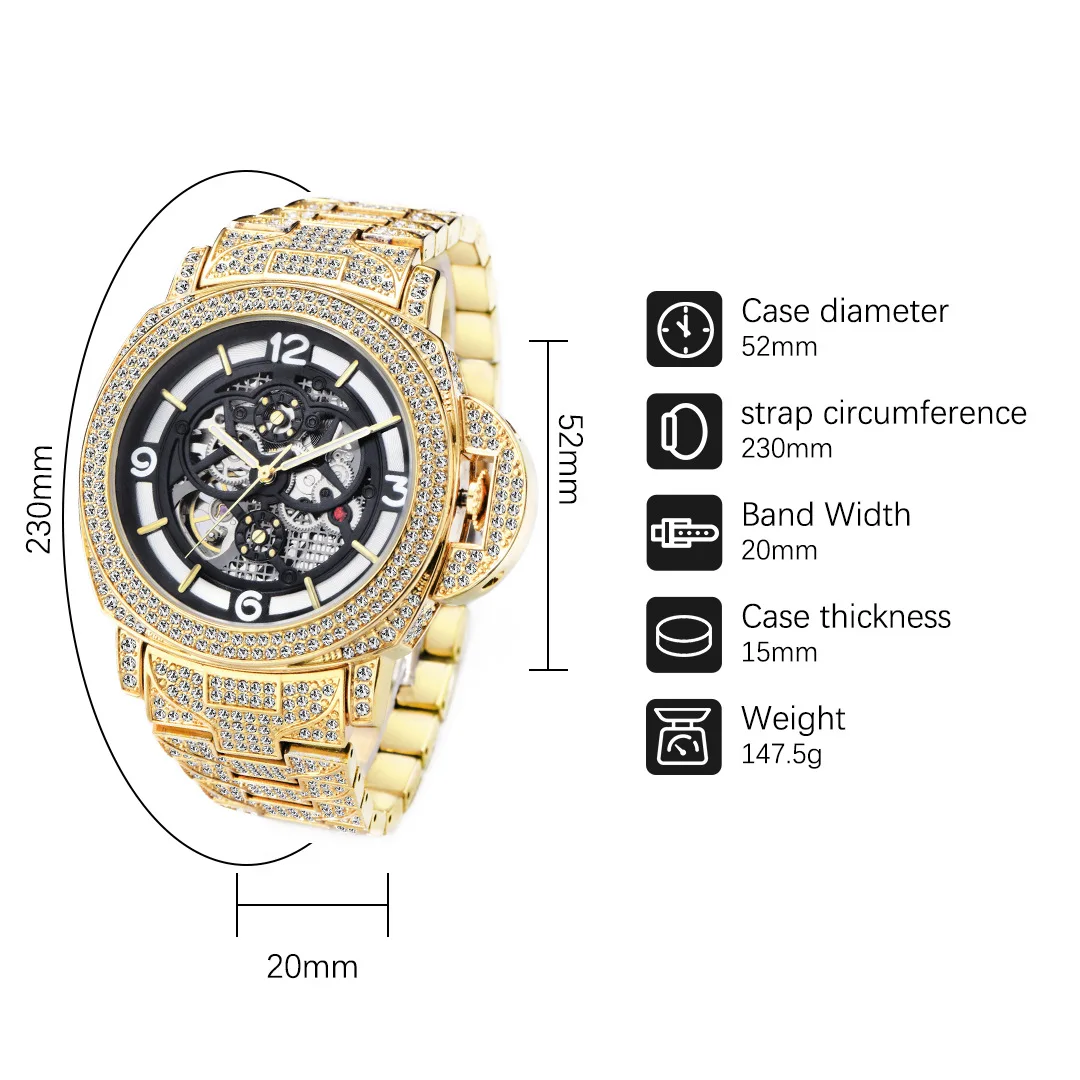 Hip Hop Brand MISSFOX Hollow Out Automatic Mechanical Men Watch Iced Out Diamond Fashion Wristwatch Luxury Waterproof Clock Gift