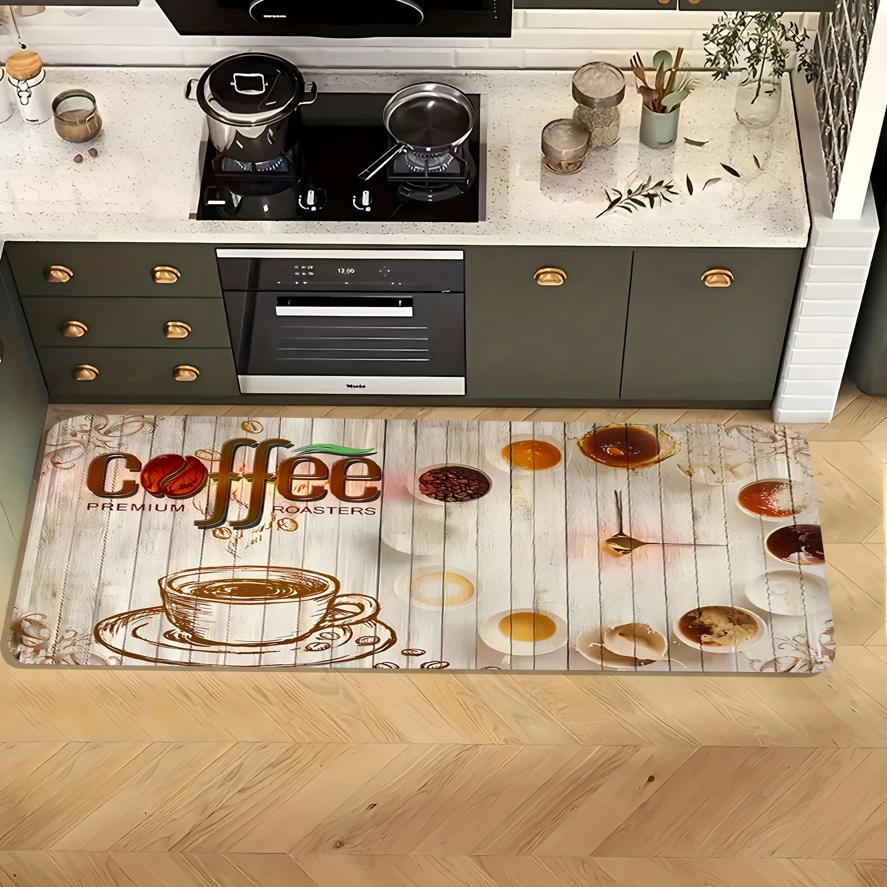 Retro White Wood Grain Coffee Cup Bean Print Runner Rug, Non-Slip Rug for Kitchen, Entryway, Bathroom & Living Room Cafe Decor
