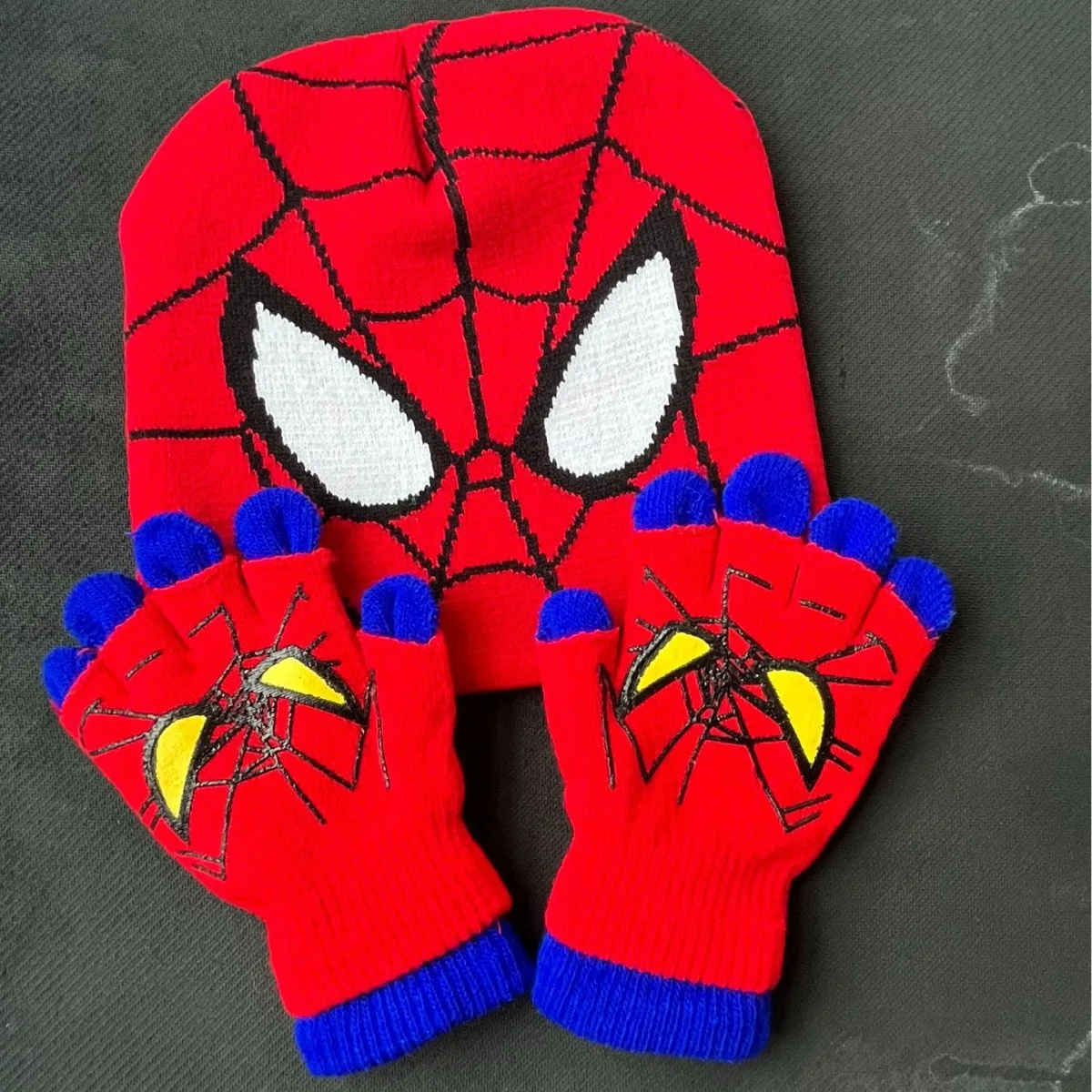 Ensemble chapeau et gants Spider Whol pour garçons et filles, accessoires de costume de cosplay cool, tricot chaud, dessin animé anime, extérieur, enfants, hiver, 2 pièces