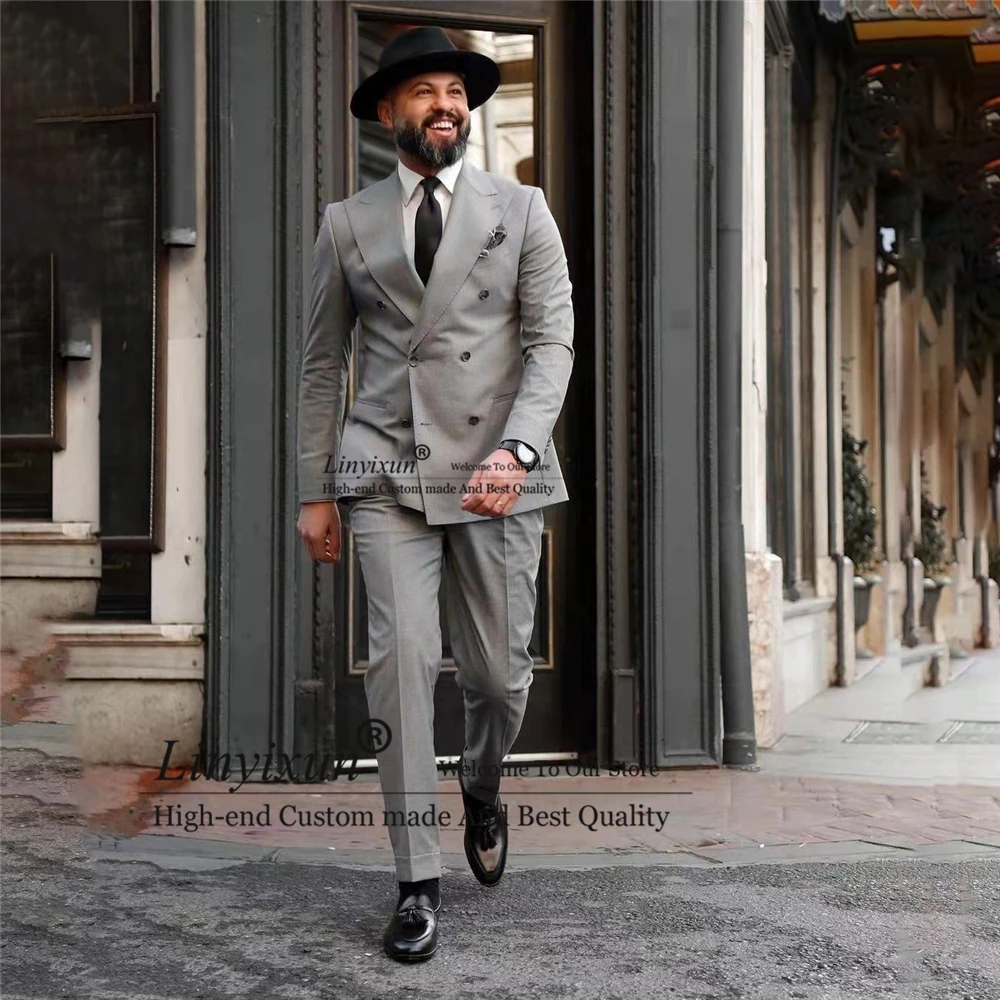 

Fashion Grey Men Suits Double Breasted Wedding Groom Tuxedo Slim Fit Business Male Blazer 2 Piece Set Costume Homme Jacket Pants