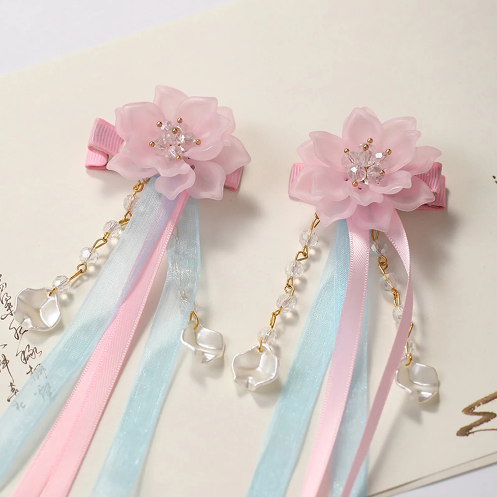 Girls Pink Hair Accessories Blue Ribbon Long Tassel Hairpins Crystal Beads Peals Flower Hair Clips Retro Chinese Hair Jewelry