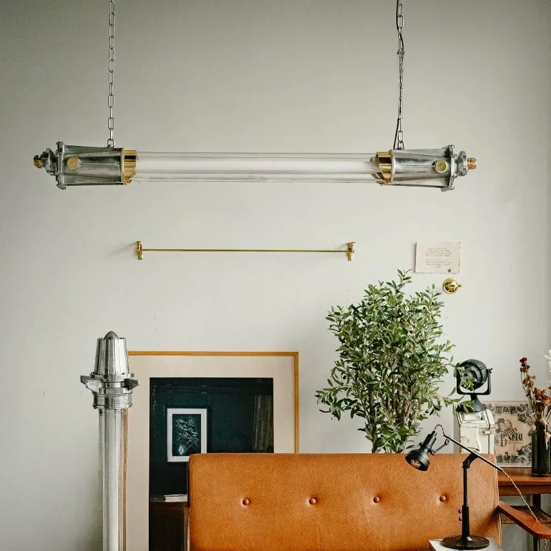 Double tube cast aluminum fluorescent lamp, vintage studio showroom chandelier