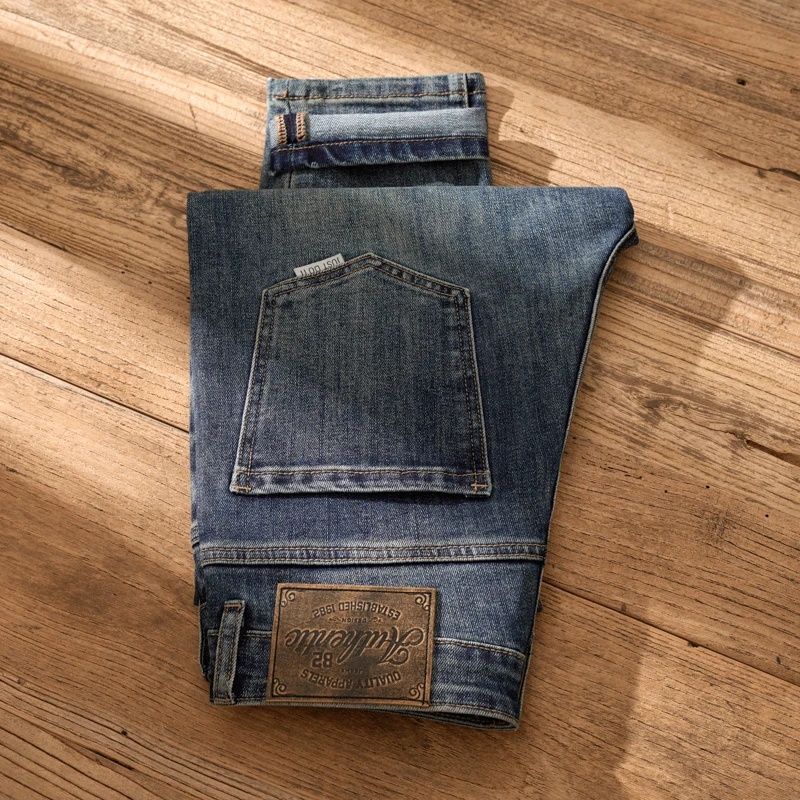 Jeans apertados vintage justo masculino, calças compridas, high-end, indústria pesada, lavado, pequeno, reto, na moda, nostálgico, moda de rua