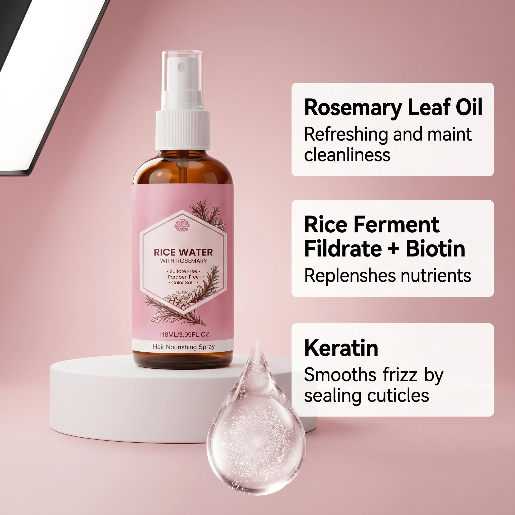 Rosemary Oil Hair Essential Spray Nourishes Strengthen Hair Roots Scalp Treatment Mist Conditioner Smoothing Shine Frizz Control