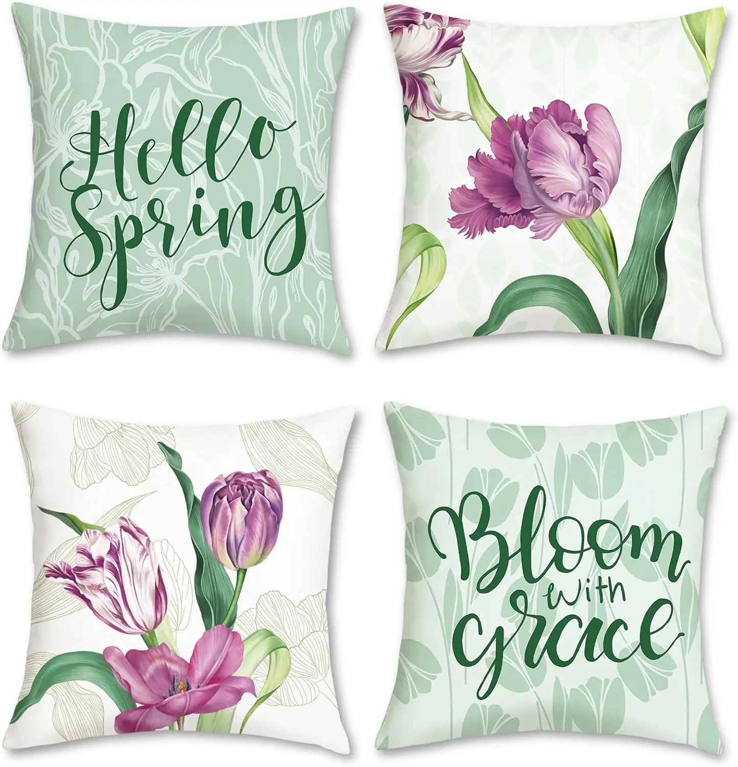 4pcs Spring Floral Pillow Covers Polyester Cushion Cases Tulip Bloom with Grace Hello Spring Print Throw Pillowcase Set for Home