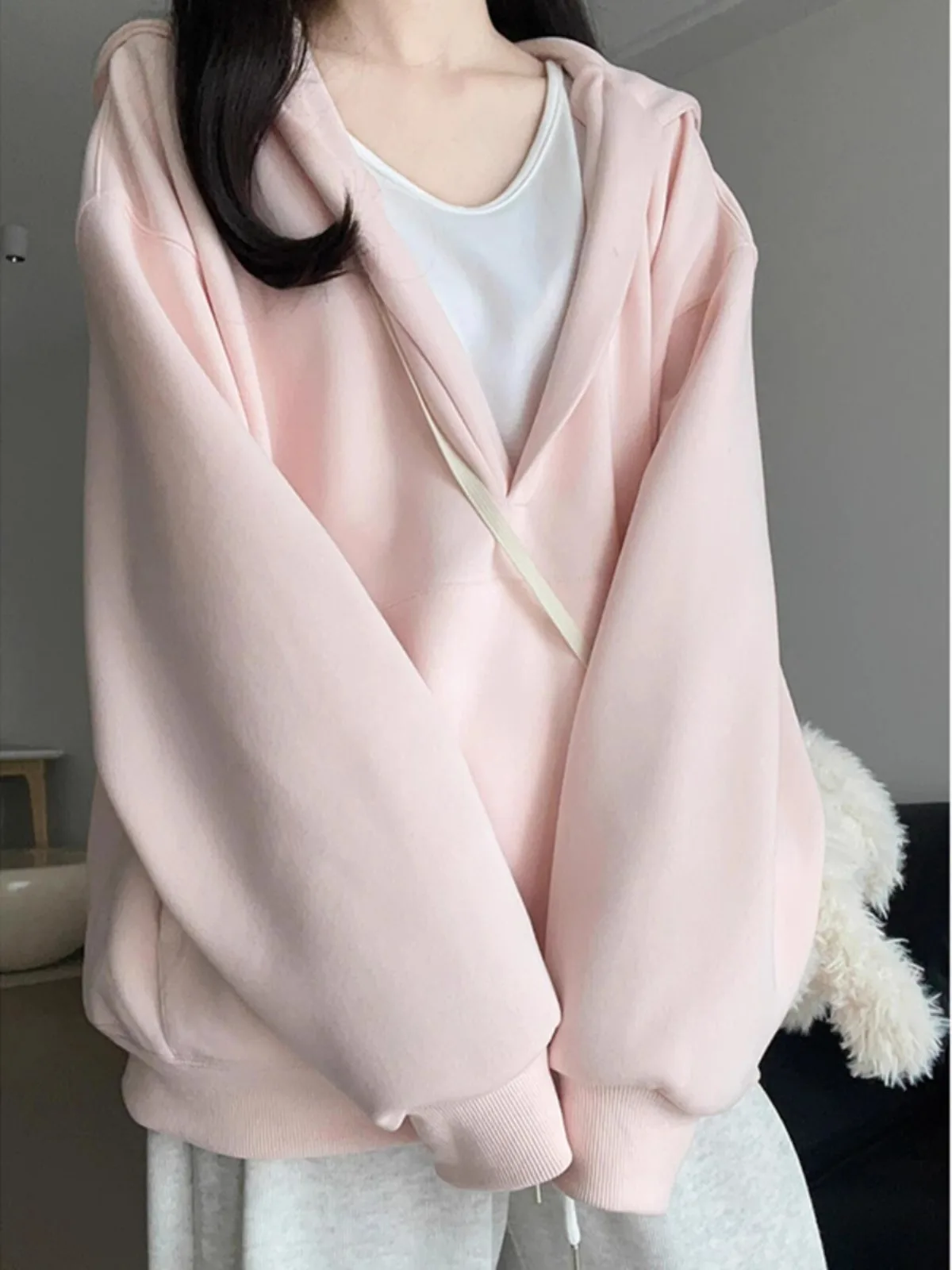

Pink Hooded V-Ne Sweatirt Women's Loose Oversize Spring Autumn Casual Versatile Long Sve Top Commute Sle Pure Color